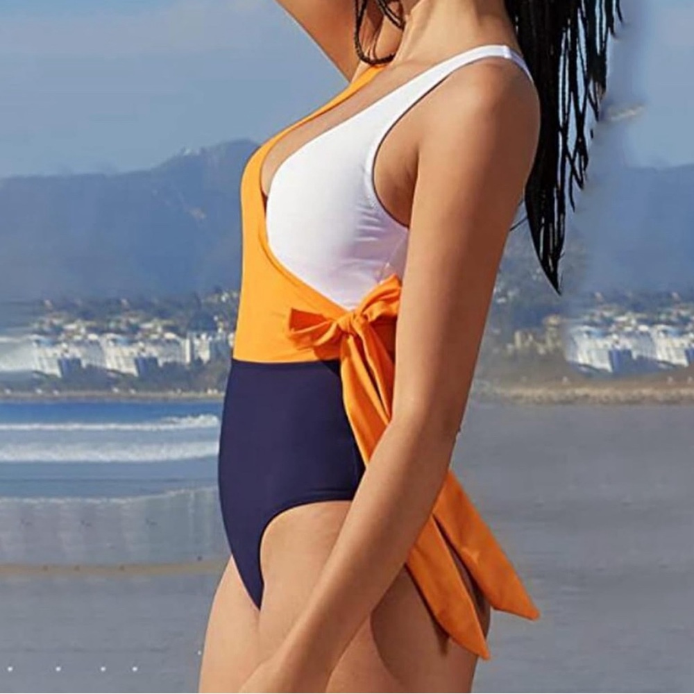 Wrap One-Piece Swimsuit XXL Orange White Navy Color Block Tie Side